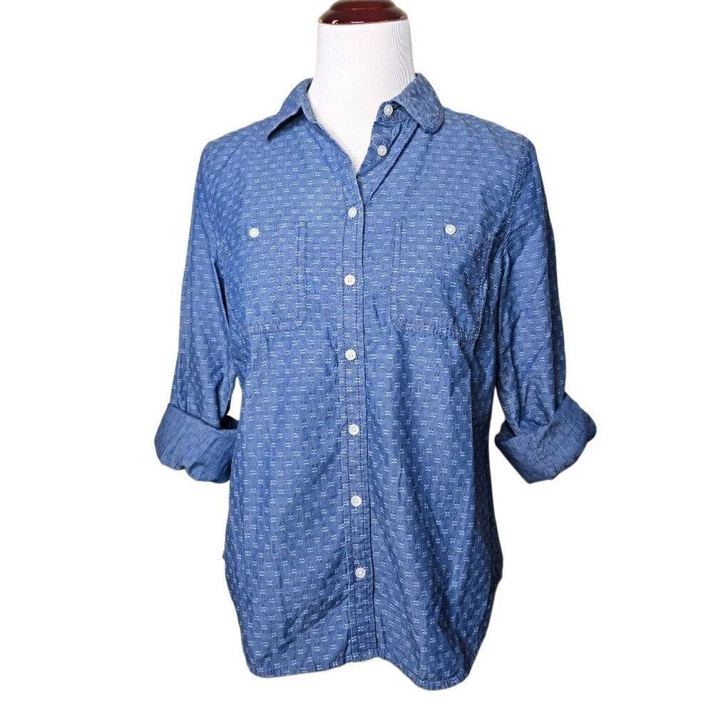 Talbots Dotted Square Embroidered Chambray Shirt Blue Cotton Small